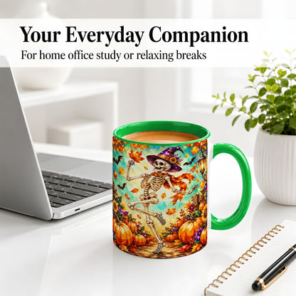 #pl[11oz|Green] Halloween Skeleton Ceramic Mug, Witch Hat Pumpkin Artwork