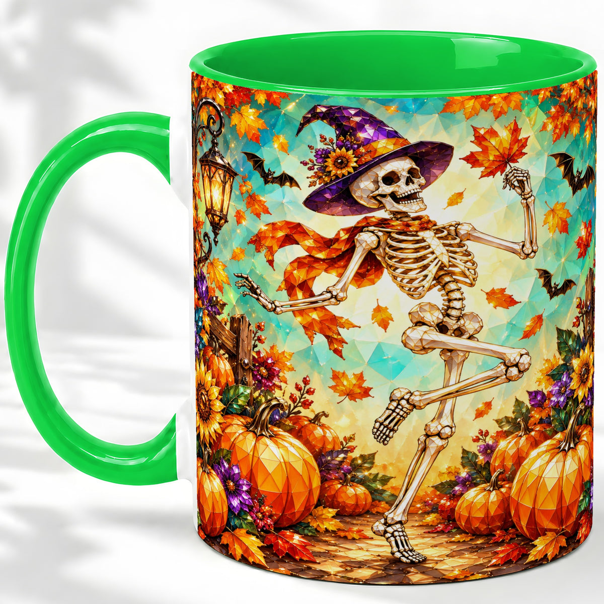 #pl[11oz|Green] Halloween Skeleton Ceramic Mug, Witch Hat Pumpkin Artwork