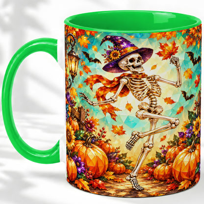 #pl[11oz|Green] Halloween Skeleton Ceramic Mug, Witch Hat Pumpkin Artwork
