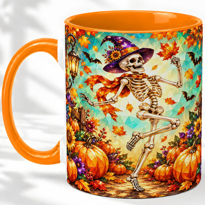 #pl[11oz|Orange] Halloween Skeleton Ceramic Mug, Witch Hat Pumpkin Artwork