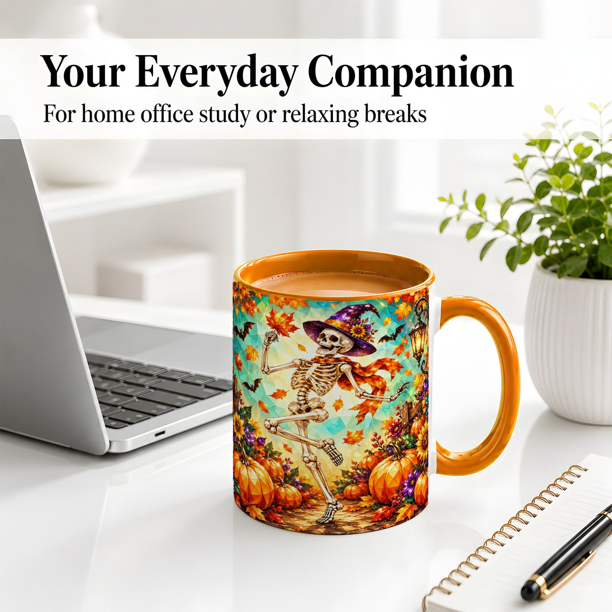 #pl[11oz|Orange] Halloween Skeleton Ceramic Mug, Witch Hat Pumpkin Artwork