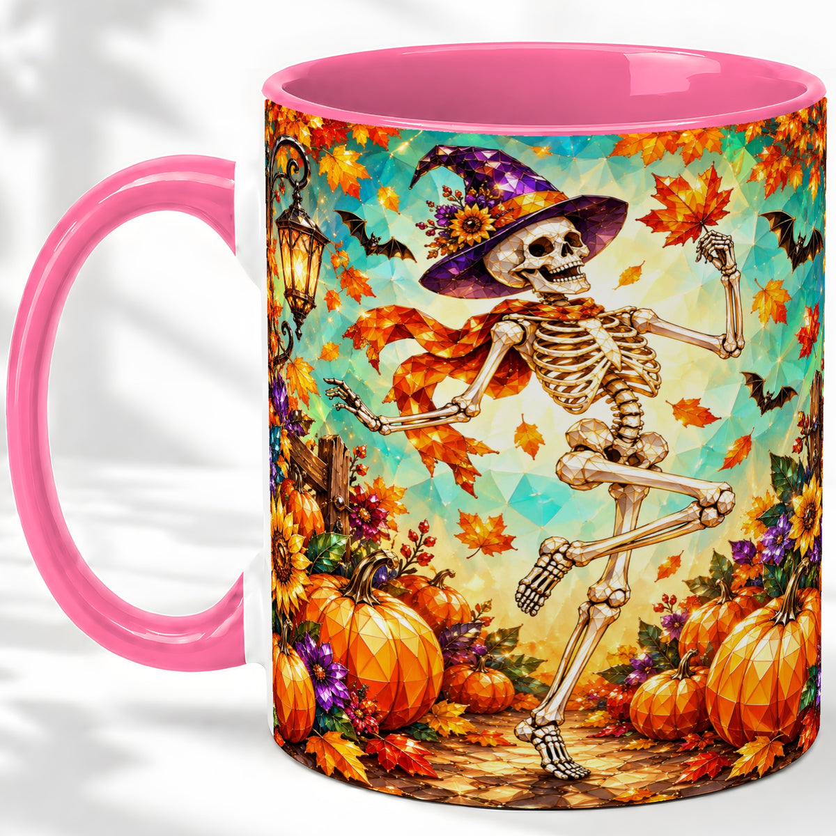 #pl[11oz|Pink] Halloween Skeleton Ceramic Mug, Witch Hat Pumpkin Artwork