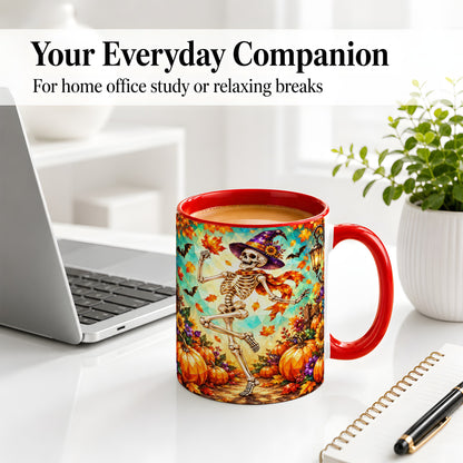 #pl[11oz|Red] Halloween Skeleton Ceramic Mug, Witch Hat Pumpkin Artwork