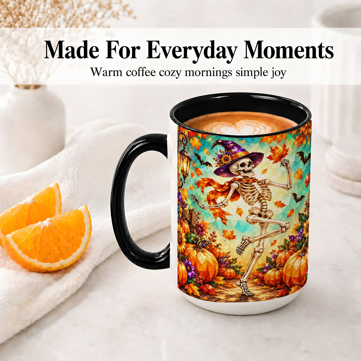 #pl[15oz|Black] Halloween Skeleton Ceramic Mug, Witch Hat Pumpkin Artwork