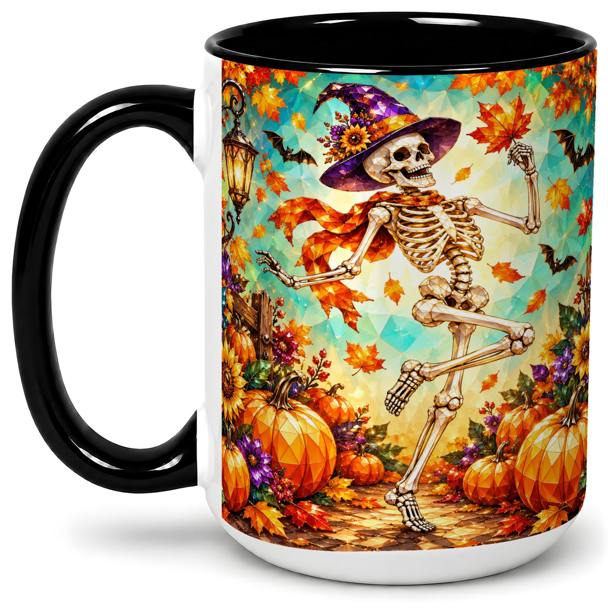 #pl[15oz|Black] Halloween Skeleton Ceramic Mug, Witch Hat Pumpkin Artwork