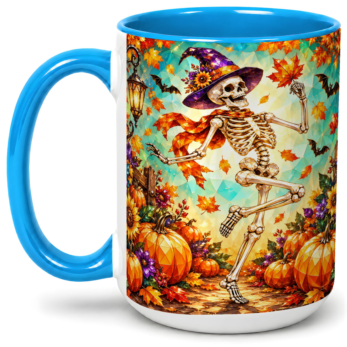 #pl[15oz|Blue] Halloween Skeleton Ceramic Mug, Witch Hat Pumpkin Artwork