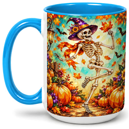 #pl[15oz|Blue] Halloween Skeleton Ceramic Mug, Witch Hat Pumpkin Artwork