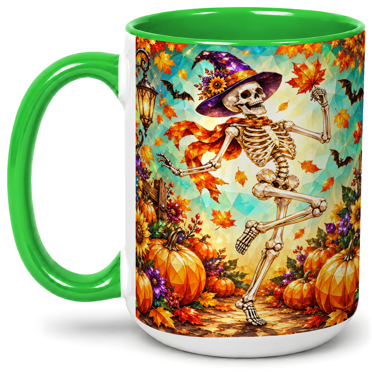 #pl[15oz|Green] Halloween Skeleton Ceramic Mug, Witch Hat Pumpkin Artwork