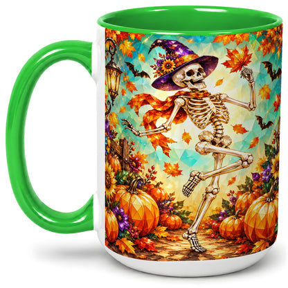 #pl[15oz|Green] Halloween Skeleton Ceramic Mug, Witch Hat Pumpkin Artwork