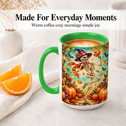 #pl[15oz|Green] Halloween Skeleton Ceramic Mug, Witch Hat Pumpkin Artwork