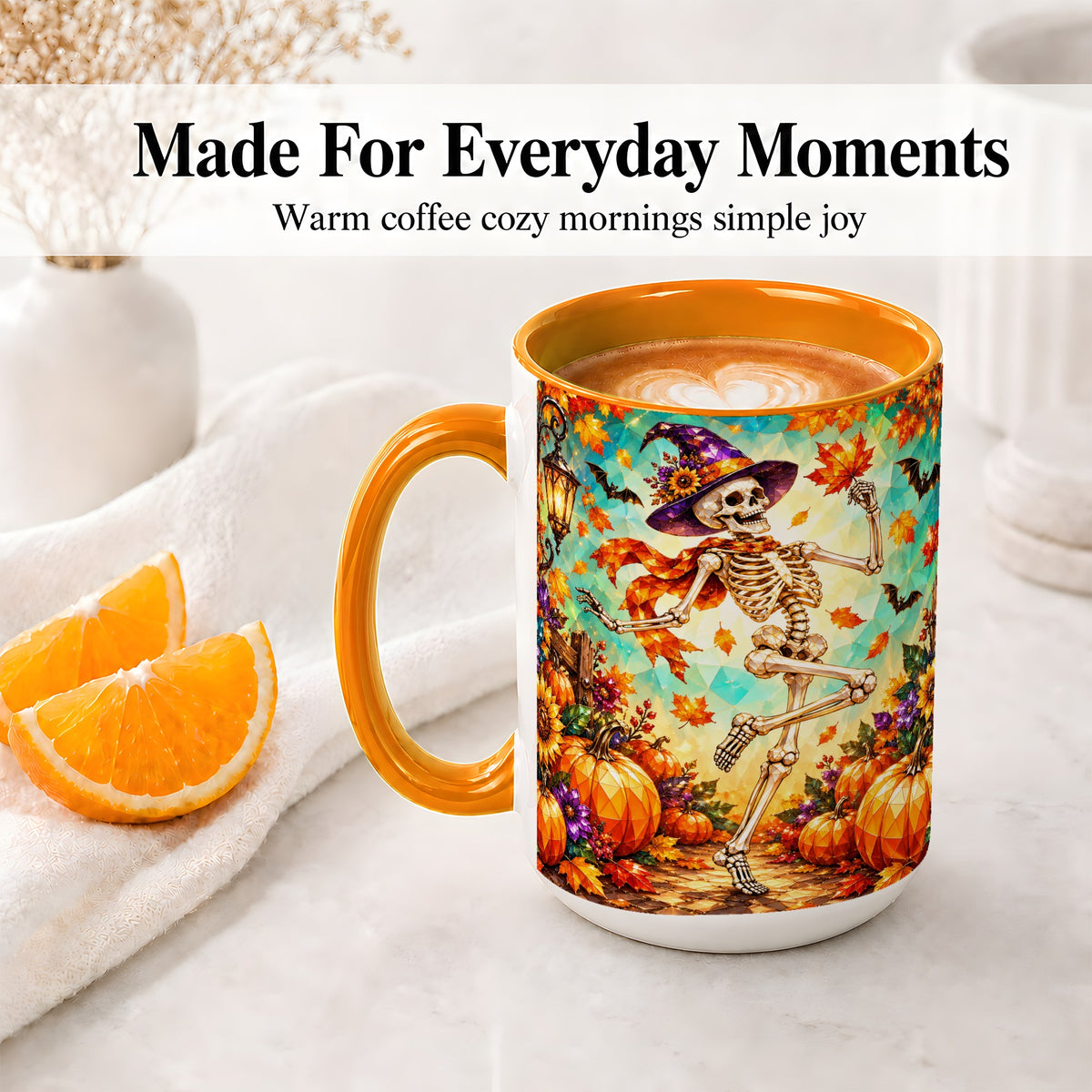 #pl[15oz|Orange] Halloween Skeleton Ceramic Mug, Witch Hat Pumpkin Artwork