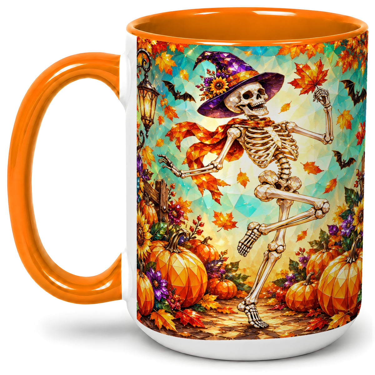 #pl[15oz|Orange] Halloween Skeleton Ceramic Mug, Witch Hat Pumpkin Artwork