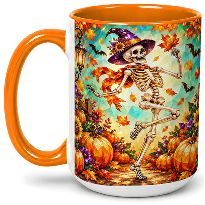 #pl[15oz|Orange] Halloween Skeleton Ceramic Mug, Witch Hat Pumpkin Artwork