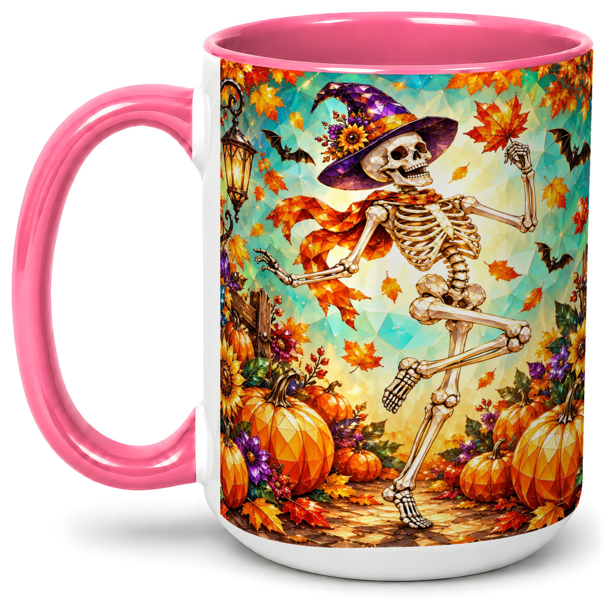 #pl[15oz|Pink] Halloween Skeleton Ceramic Mug, Witch Hat Pumpkin Artwork