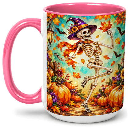 #pl[15oz|Pink] Halloween Skeleton Ceramic Mug, Witch Hat Pumpkin Artwork