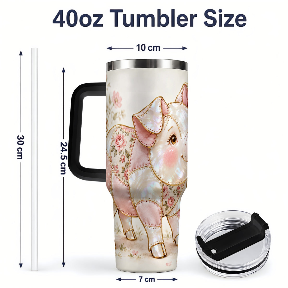 #pl[40oz|Black] Floral Pig 40oz Tumbler, Pink Botanical Artwork for Pig Lovers