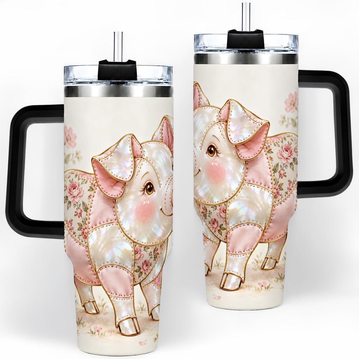 #pl[40oz|Black] Floral Pig 40oz Tumbler, Pink Botanical Artwork for Pig Lovers