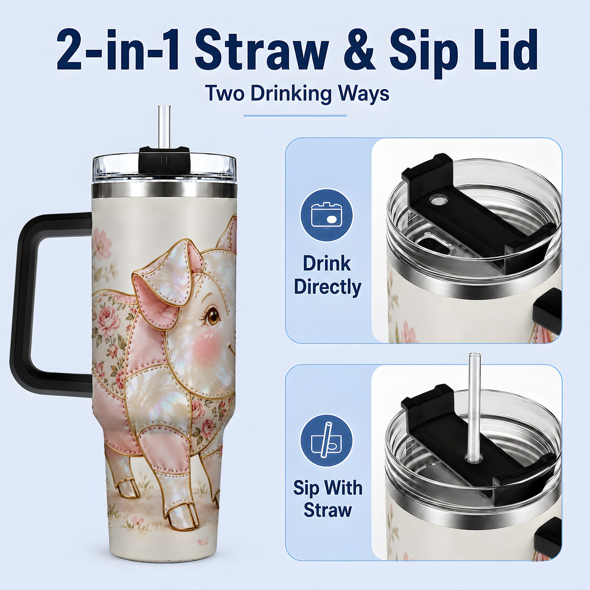 #pl[40oz|Black] Floral Pig 40oz Tumbler, Pink Botanical Artwork for Pig Lovers