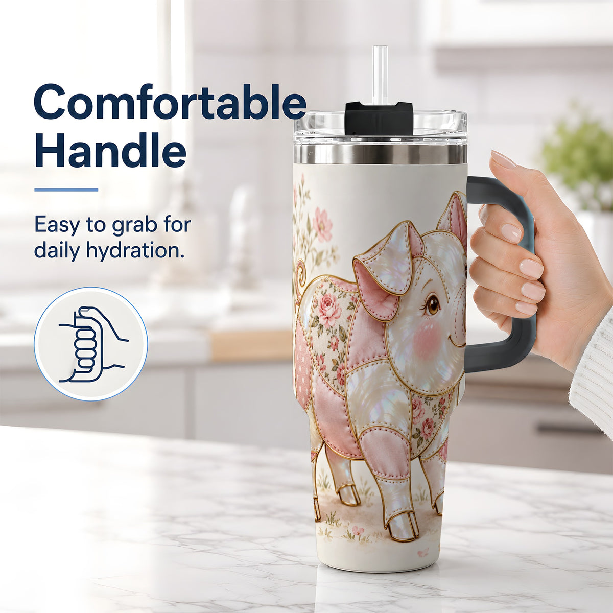 #pl[40oz|Black] Floral Pig 40oz Tumbler, Pink Botanical Artwork for Pig Lovers