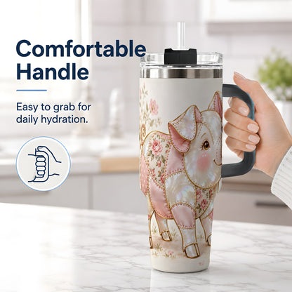 #pl[40oz|Black] Floral Pig 40oz Tumbler, Pink Botanical Artwork for Pig Lovers