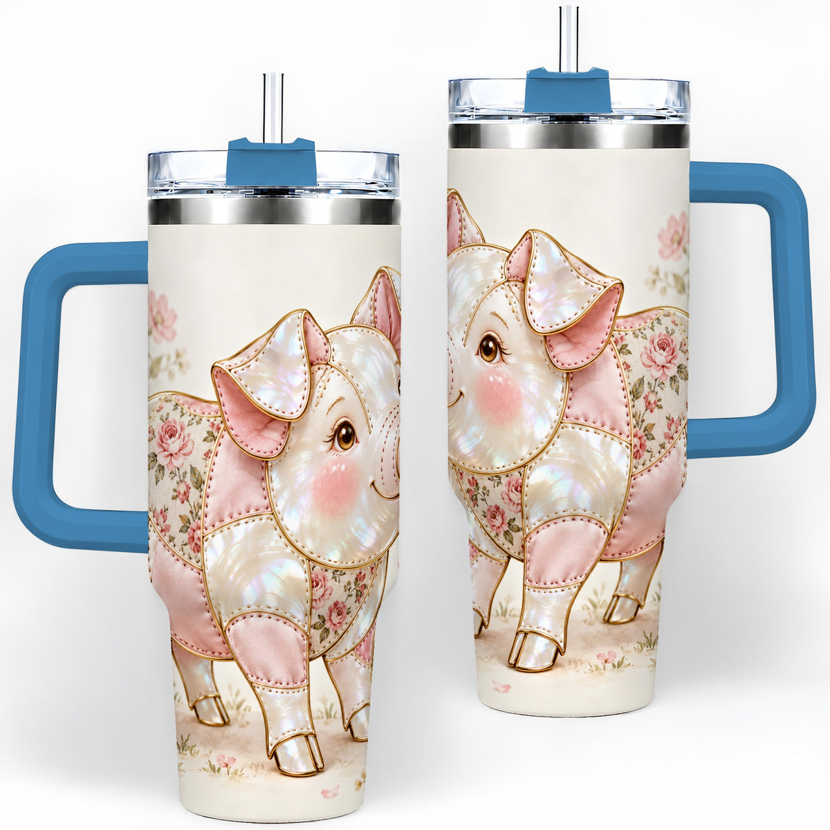 #pl[40oz|Blue] Floral Pig 40oz Tumbler, Pink Botanical Artwork for Pig Lovers