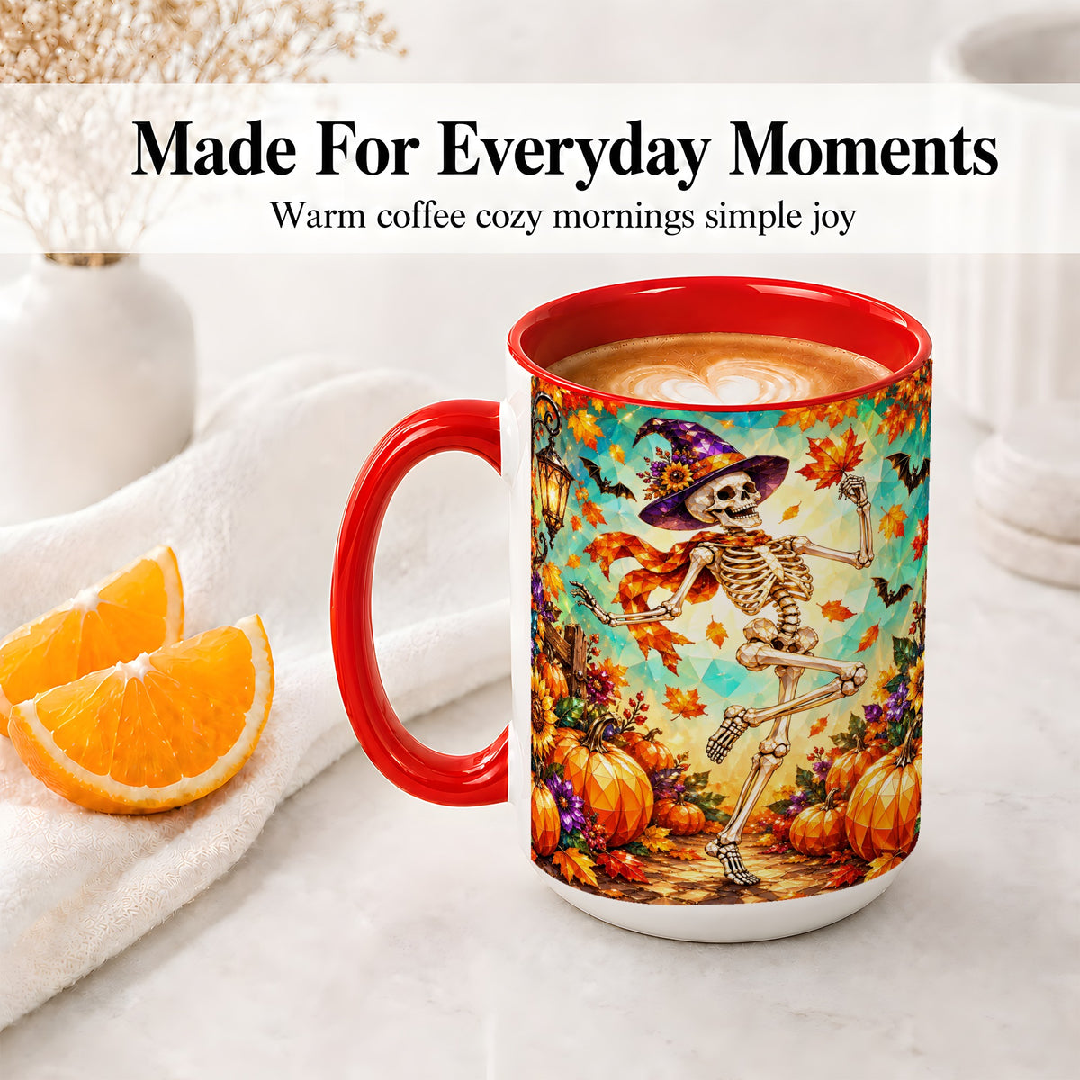 #pl[15oz|Red] Halloween Skeleton Ceramic Mug, Witch Hat Pumpkin Artwork