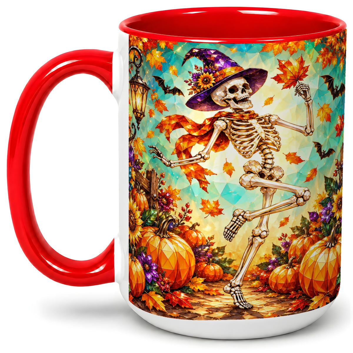 #pl[15oz|Red] Halloween Skeleton Ceramic Mug, Witch Hat Pumpkin Artwork
