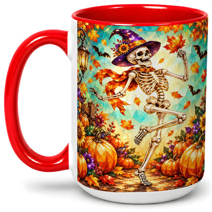#pl[15oz|Red] Halloween Skeleton Ceramic Mug, Witch Hat Pumpkin Artwork