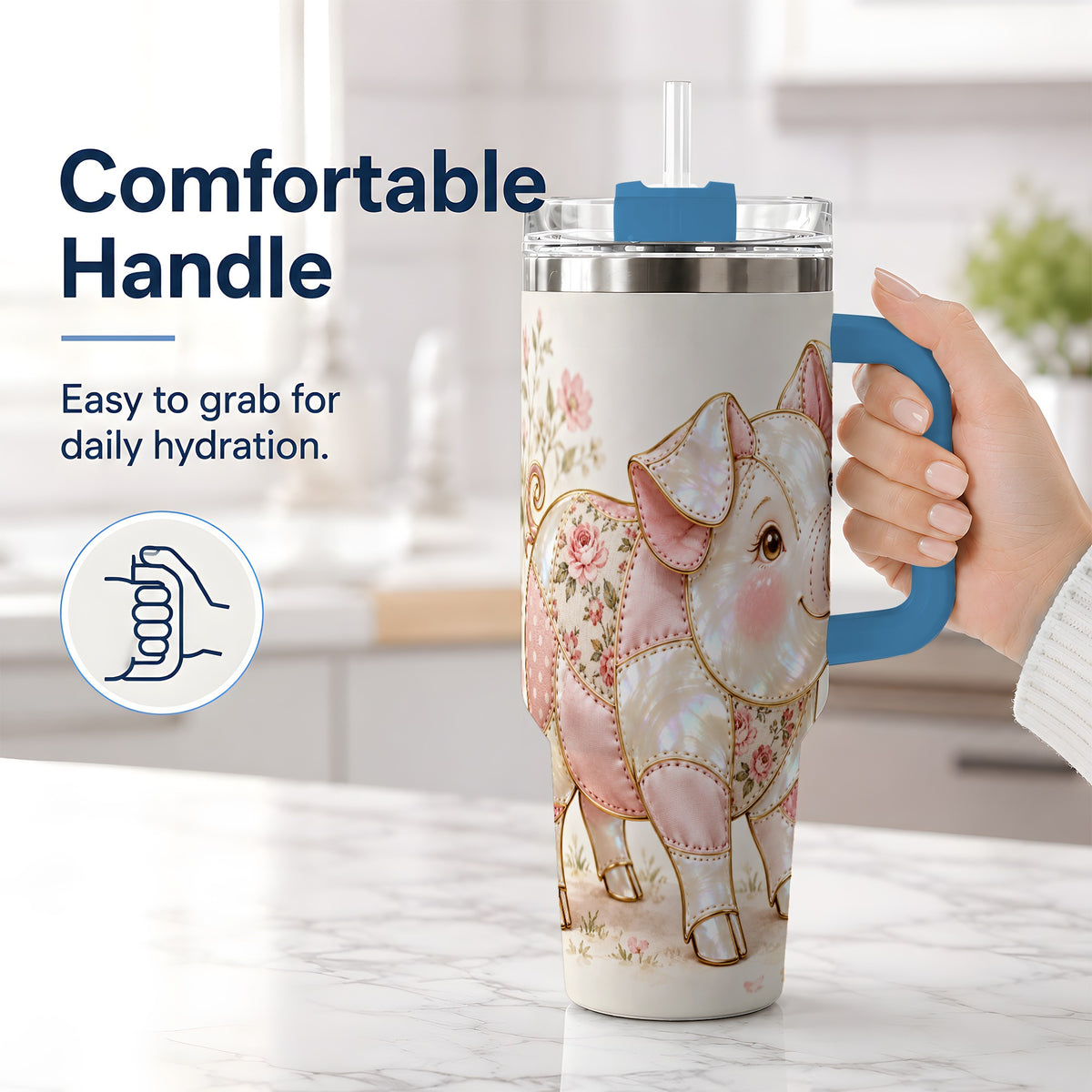 #pl[40oz|Blue] Floral Pig 40oz Tumbler, Pink Botanical Artwork for Pig Lovers