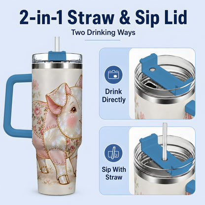 #pl[40oz|Blue] Floral Pig 40oz Tumbler, Pink Botanical Artwork for Pig Lovers