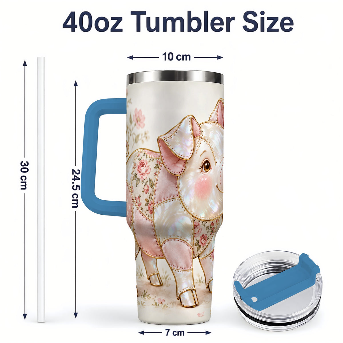 #pl[40oz|Blue] Floral Pig 40oz Tumbler, Pink Botanical Artwork for Pig Lovers