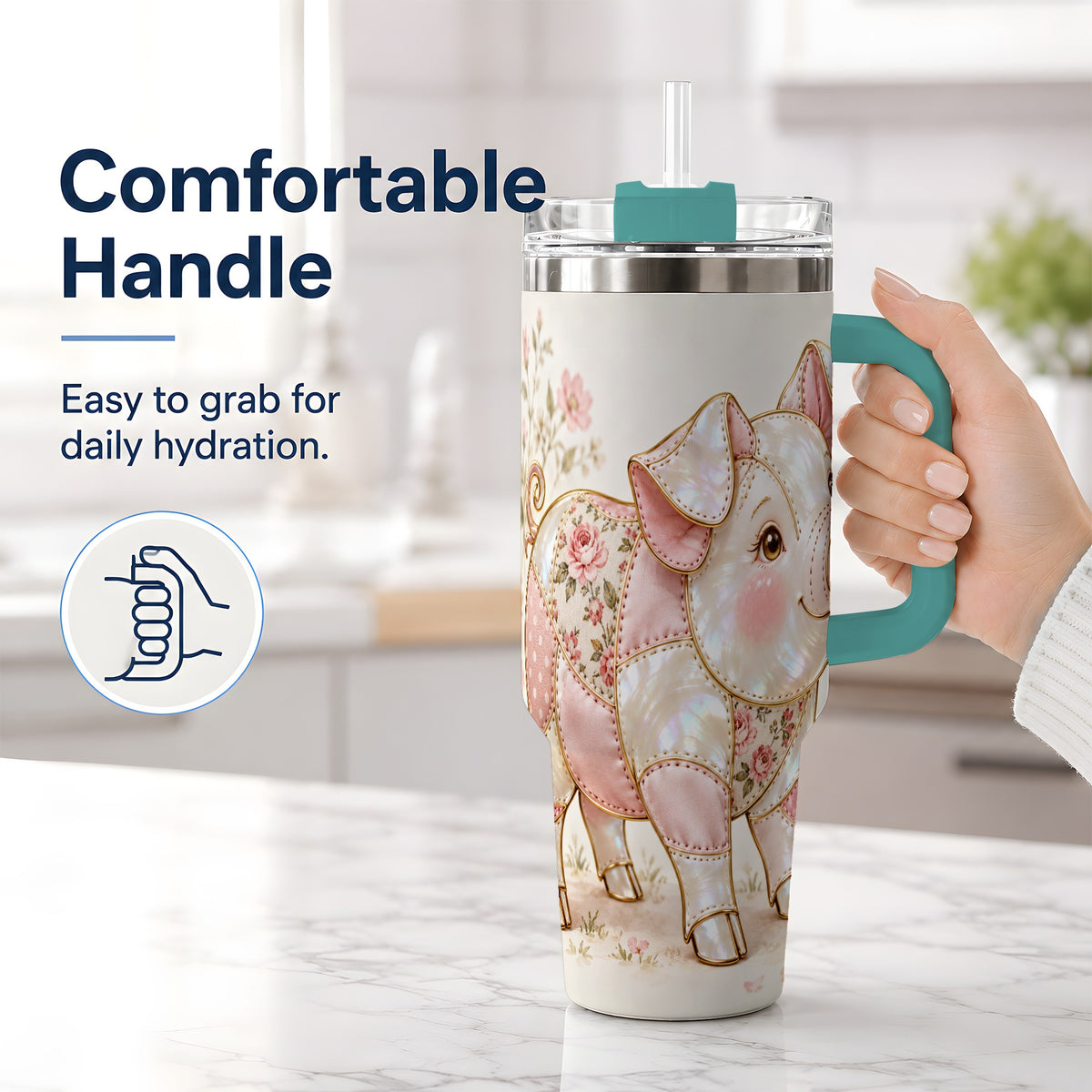 #pl[40oz|Green] Floral Pig 40oz Tumbler, Pink Botanical Artwork for Pig Lovers