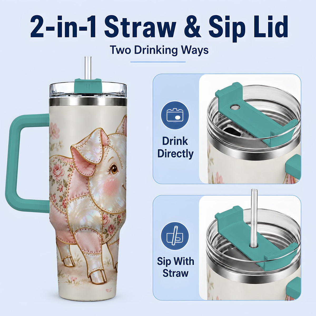 #pl[40oz|Green] Floral Pig 40oz Tumbler, Pink Botanical Artwork for Pig Lovers