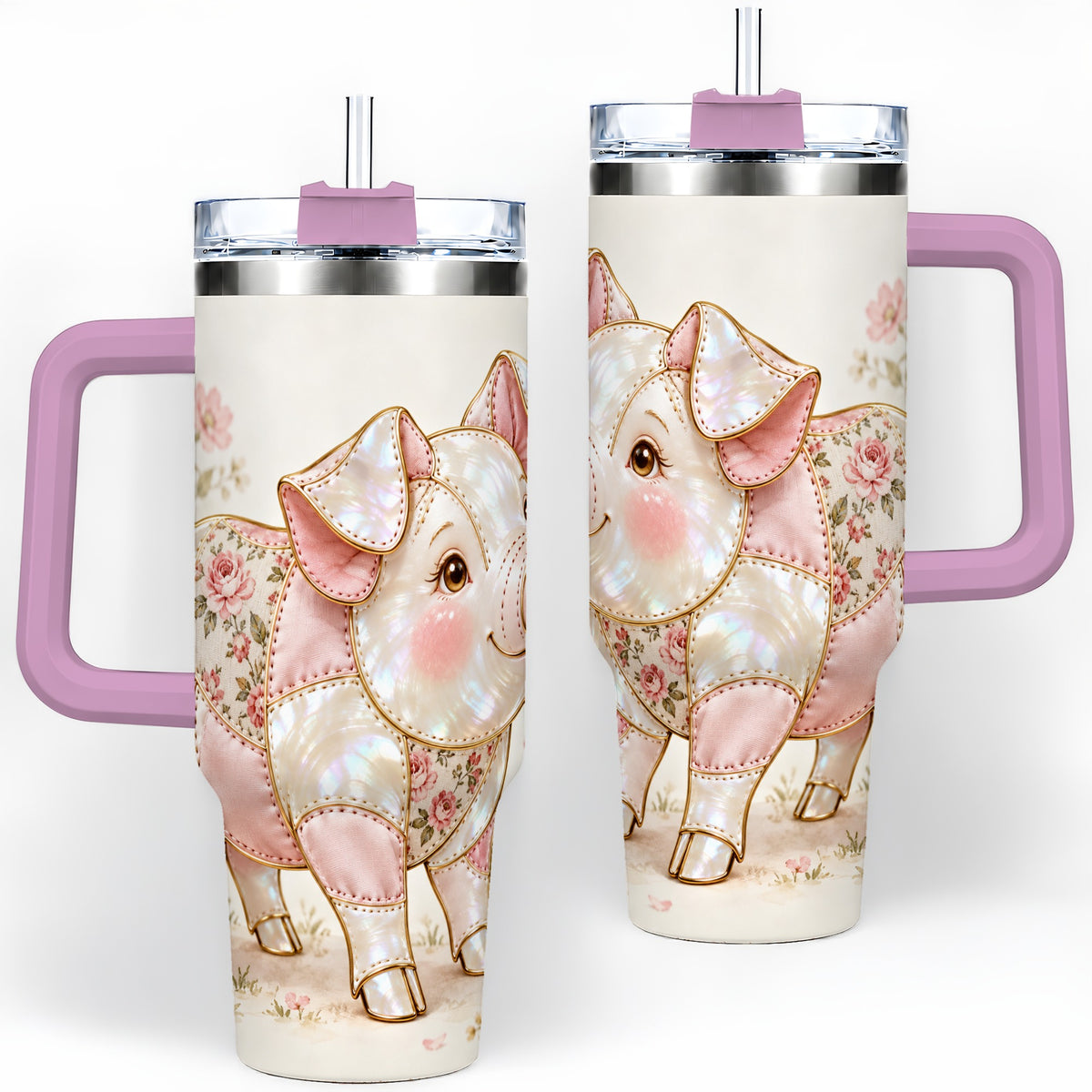 #pl[40oz|Pink] Floral Pig 40oz Tumbler, Pink Botanical Artwork for Pig Lovers
