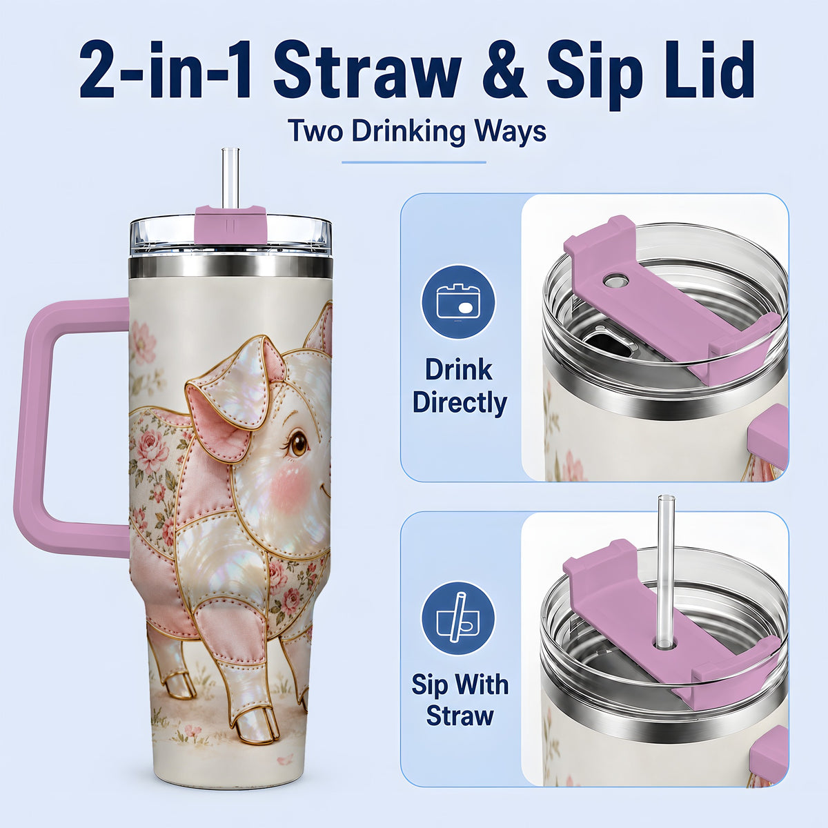 #pl[40oz|Pink] Floral Pig 40oz Tumbler, Pink Botanical Artwork for Pig Lovers