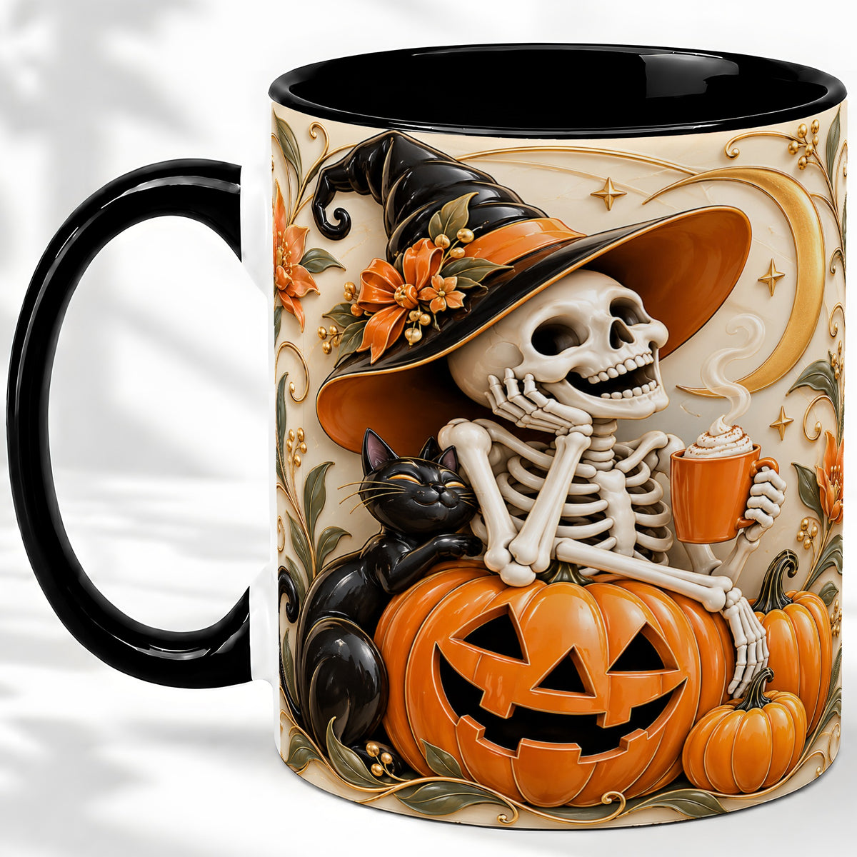 #pl[11oz|Black] Halloween Witch Skeleton Ceramic Mug, Black Cat Pumpkin Art