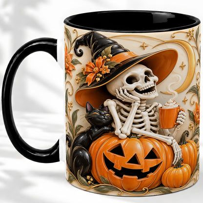 #pl[11oz|Black] Halloween Witch Skeleton Ceramic Mug, Black Cat Pumpkin Art