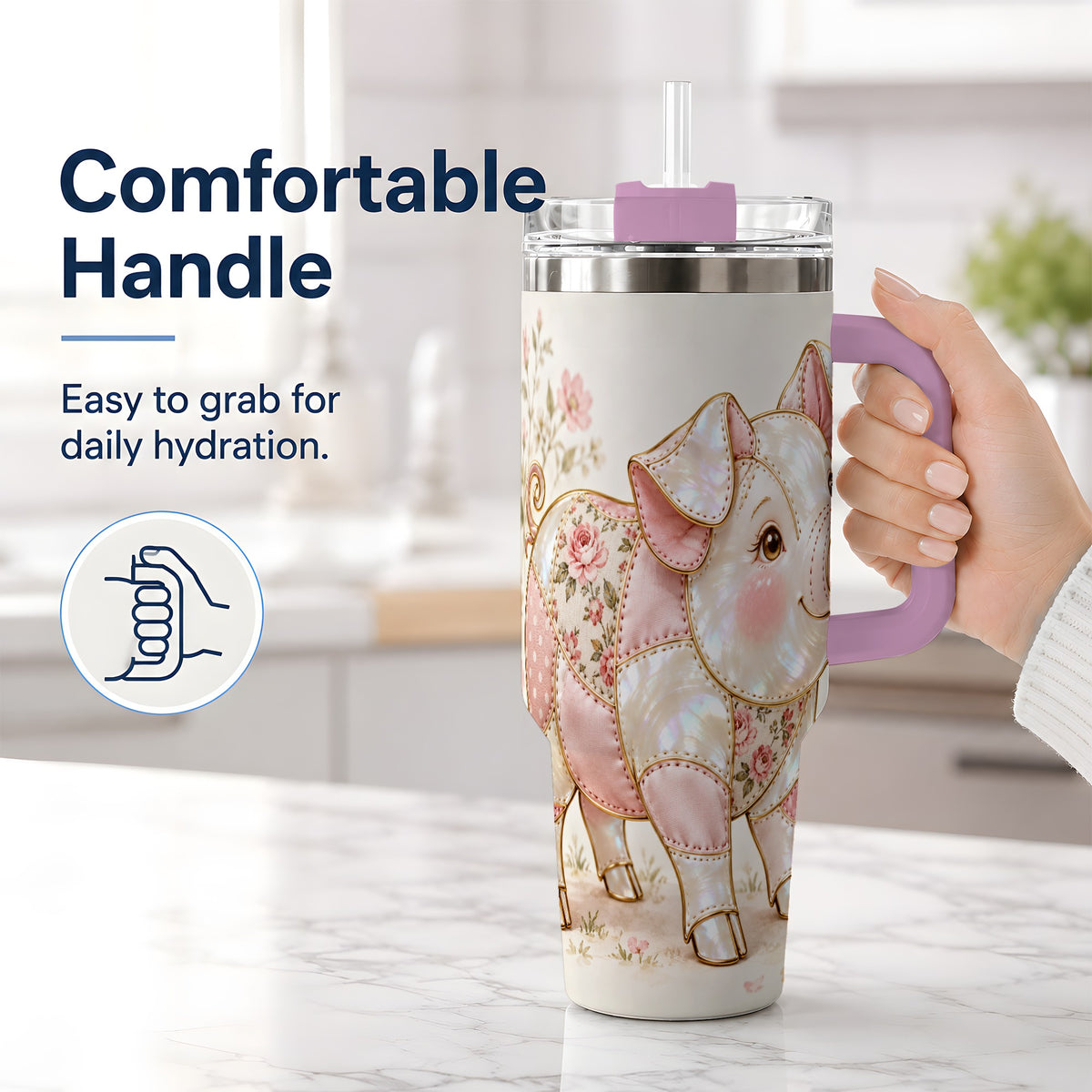 #pl[40oz|Pink] Floral Pig 40oz Tumbler, Pink Botanical Artwork for Pig Lovers