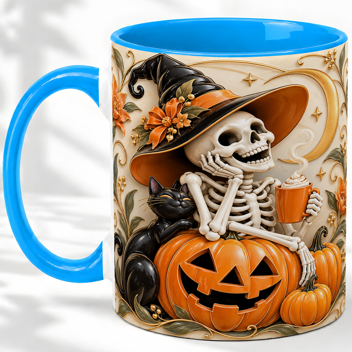 #pl[11oz|Blue] Halloween Witch Skeleton Ceramic Mug, Black Cat Pumpkin Art