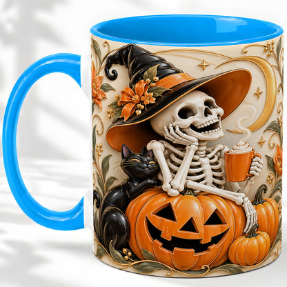 #pl[11oz|Blue] Halloween Witch Skeleton Ceramic Mug, Black Cat Pumpkin Art