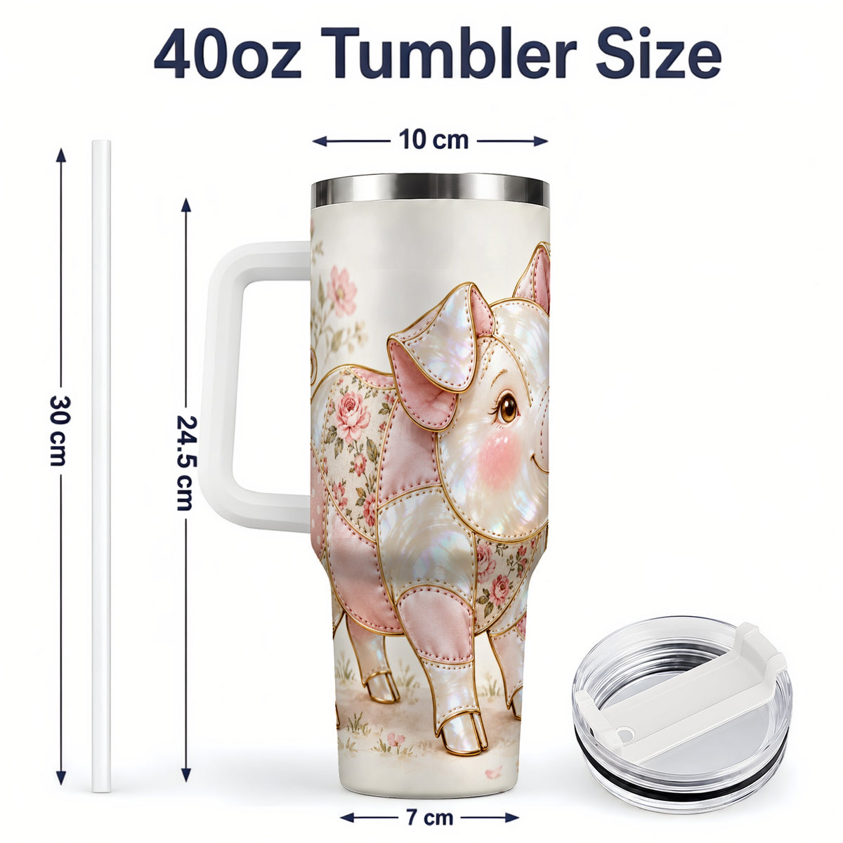 #pl[40oz|White] Floral Pig 40oz Tumbler, Pink Botanical Artwork for Pig Lovers