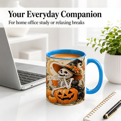 #pl[11oz|Blue] Halloween Witch Skeleton Ceramic Mug, Black Cat Pumpkin Art