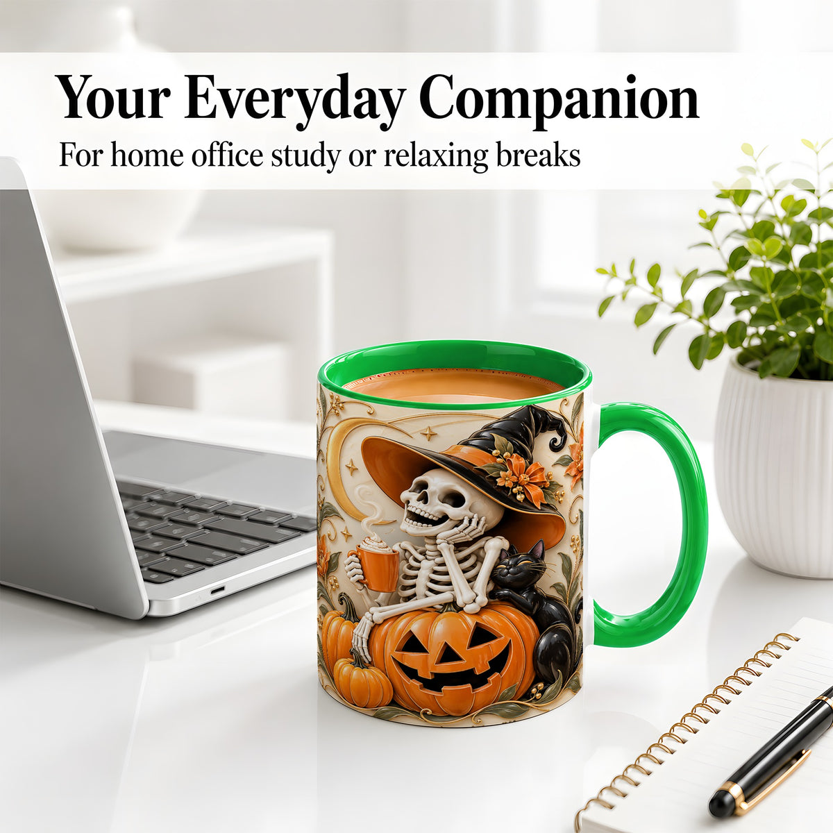 #pl[11oz|Green] Halloween Witch Skeleton Ceramic Mug, Black Cat Pumpkin Art