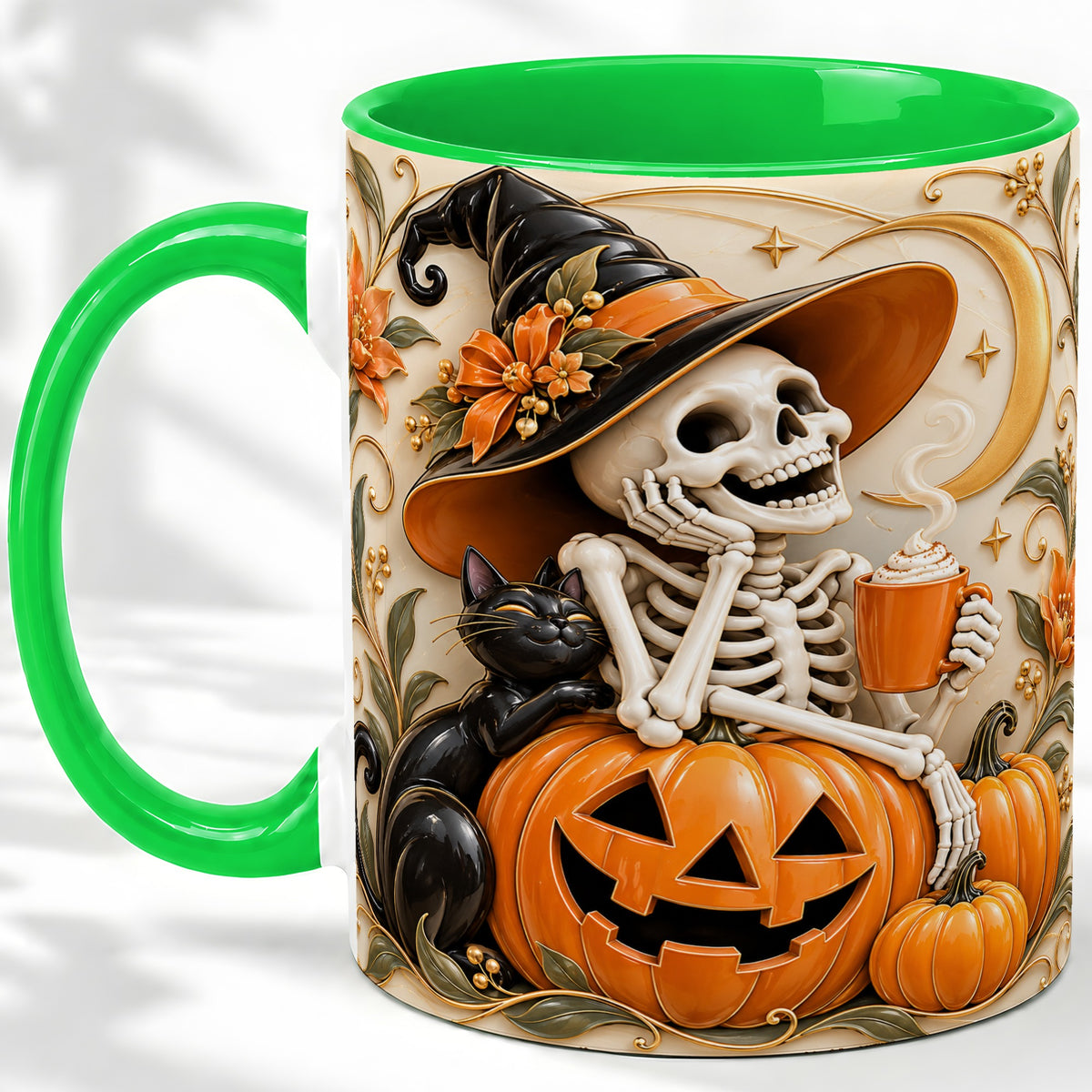 #pl[11oz|Green] Halloween Witch Skeleton Ceramic Mug, Black Cat Pumpkin Art