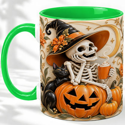 #pl[11oz|Green] Halloween Witch Skeleton Ceramic Mug, Black Cat Pumpkin Art