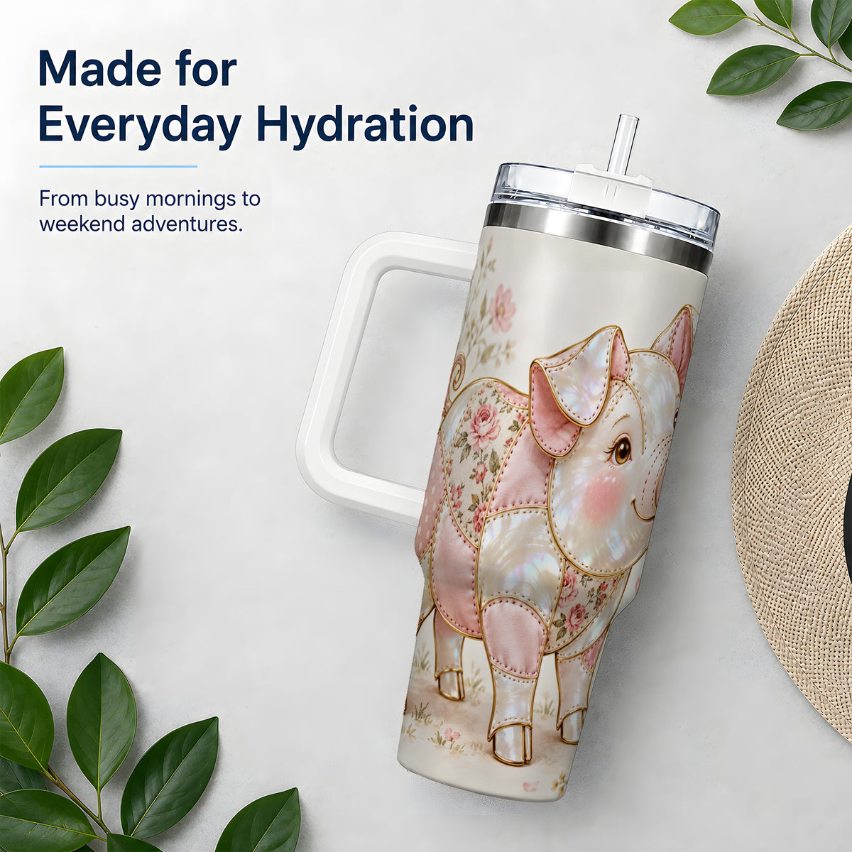 Floral Pig 40oz Tumbler, Pink Botanical Artwork for Pig Lovers