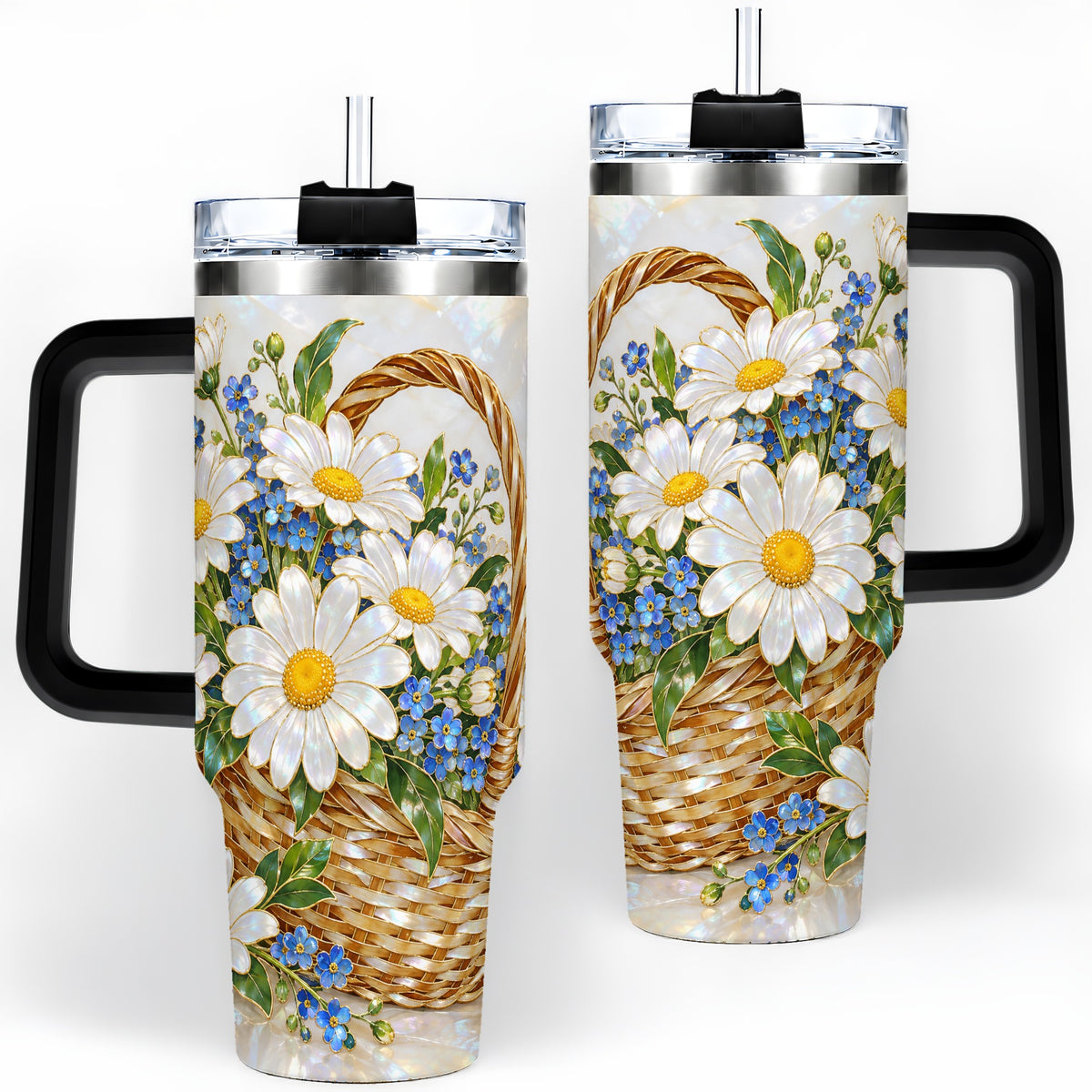 #pl[40oz|Black] Daisy Flower Basket 40oz Tumbler, Botanical Floral Drinkware