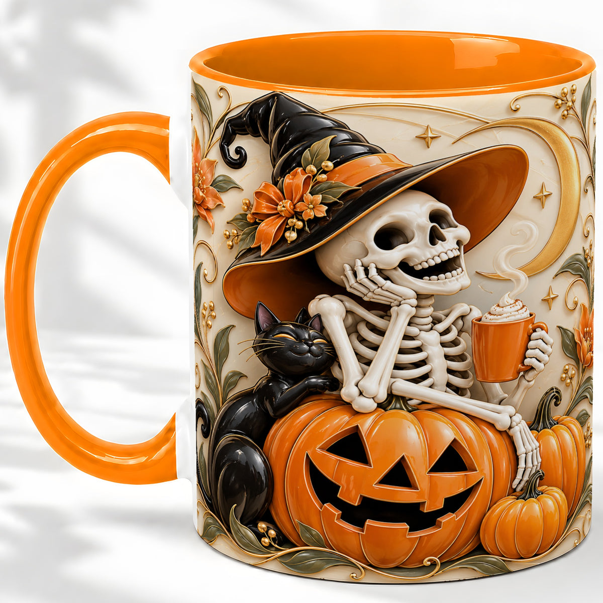 #pl[11oz|Orange] Halloween Witch Skeleton Ceramic Mug, Black Cat Pumpkin Art