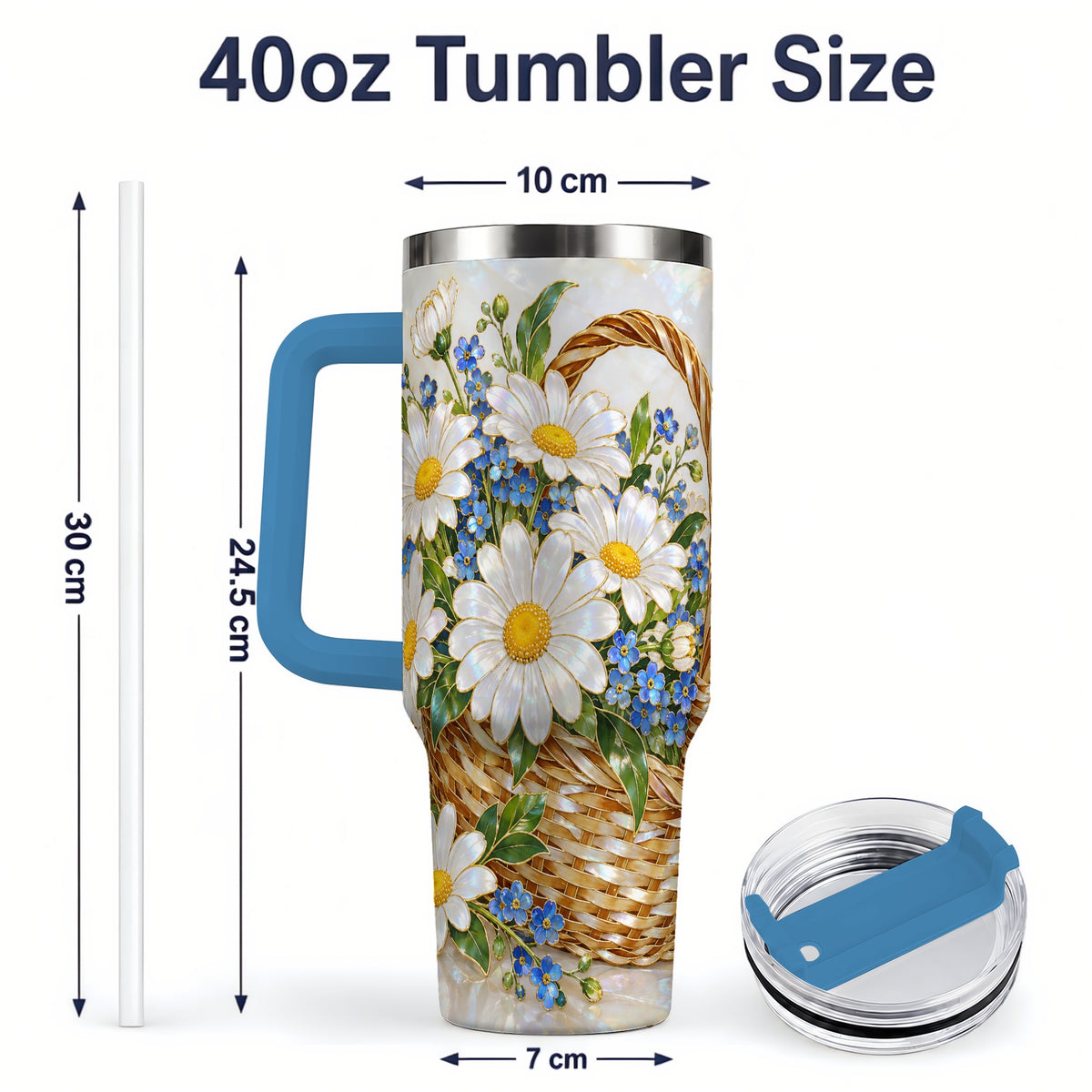 #pl[40oz|Blue] Daisy Flower Basket 40oz Tumbler, Botanical Floral Drinkware