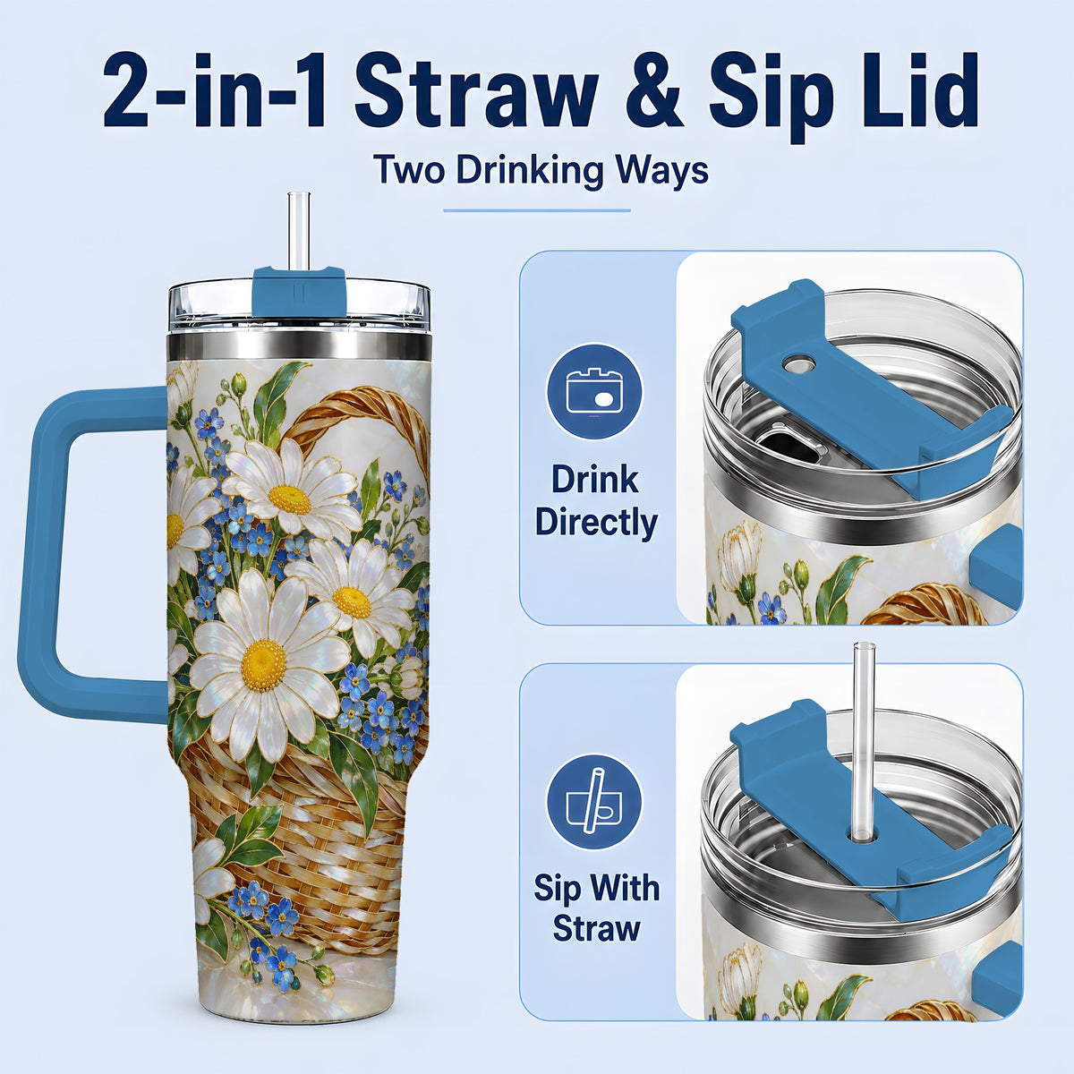 #pl[40oz|Blue] Daisy Flower Basket 40oz Tumbler, Botanical Floral Drinkware